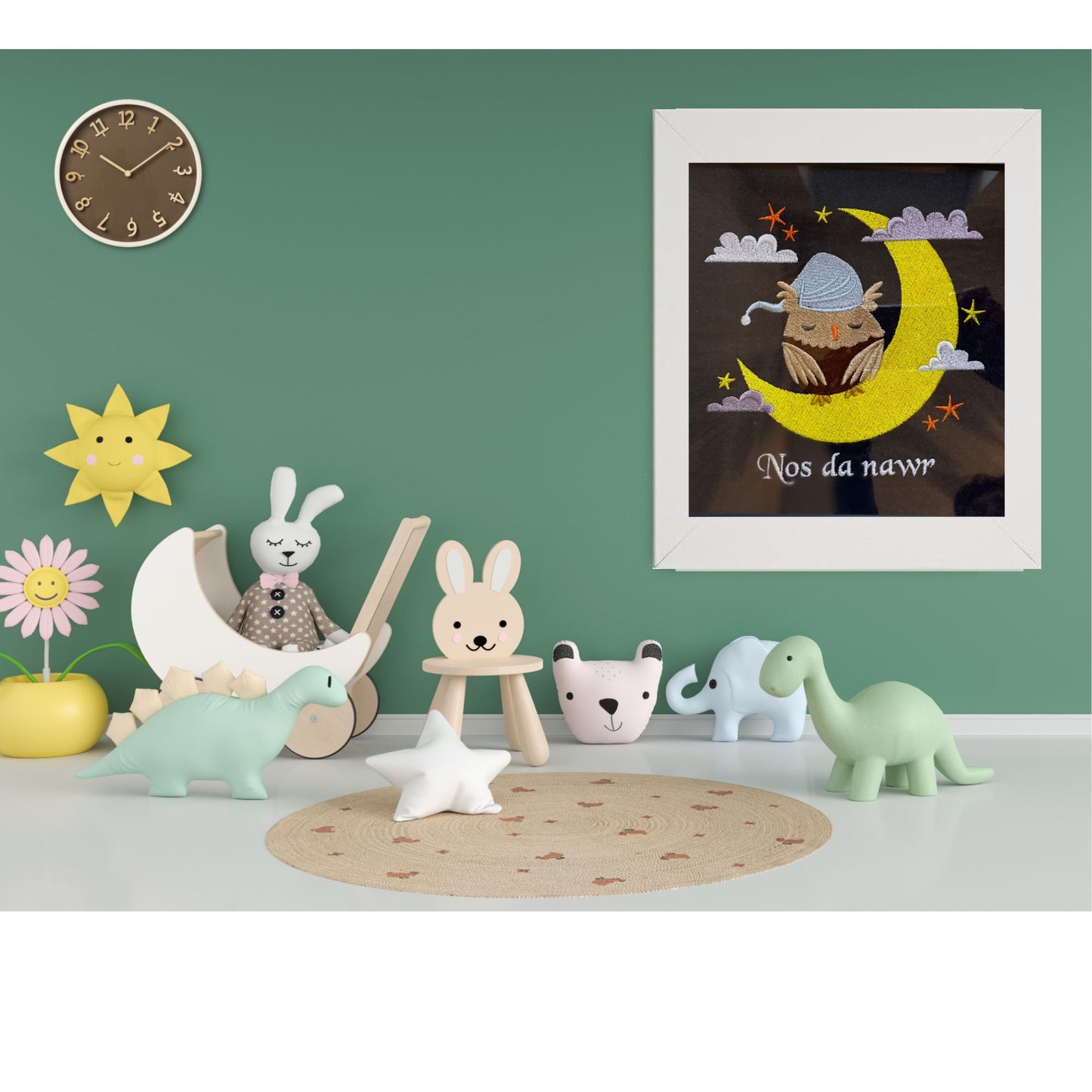 BRO-015 newborn baby gift, Welsh phrase "Nos da nawr", embroidered, frame,