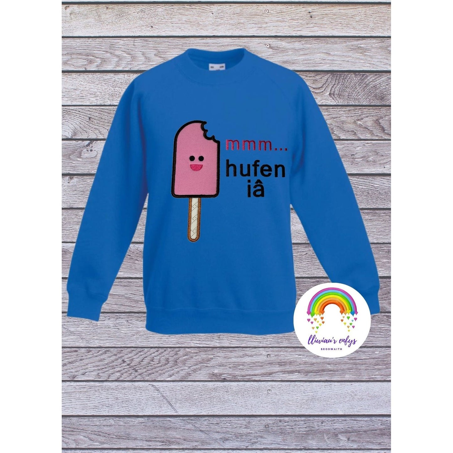 BRO-052 Embroidered sweatshirt with ice cream lolly & Welsh text "mmm hufen iâ" 3-11 years