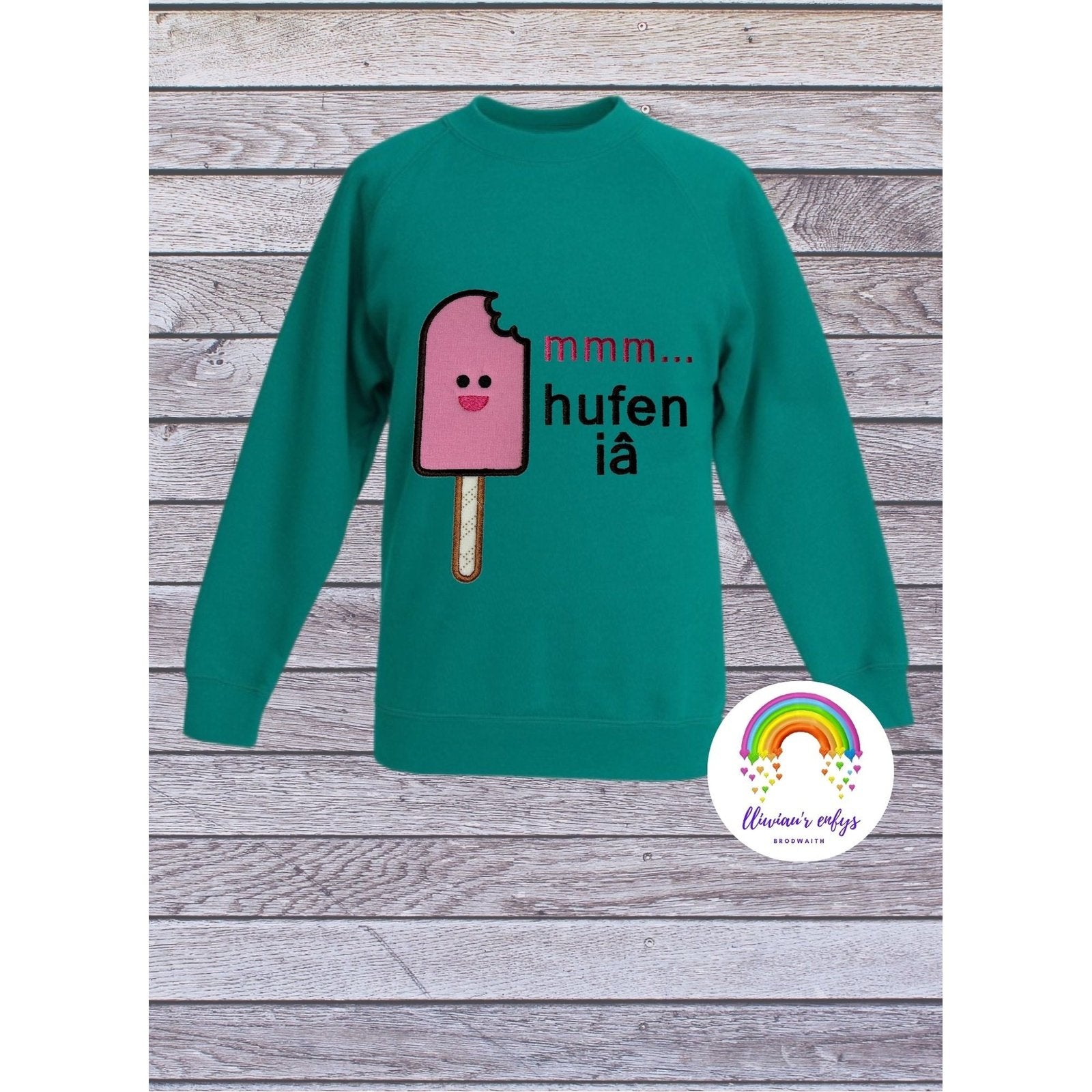 BRO-052 Embroidered sweatshirt with ice cream lolly & Welsh text "mmm hufen iâ" 3-11 years