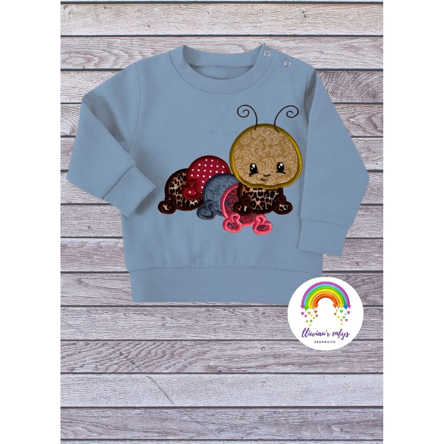 BRO-056 Embroidered caterpillar sweatshirt & appliqué Welsh fabric
