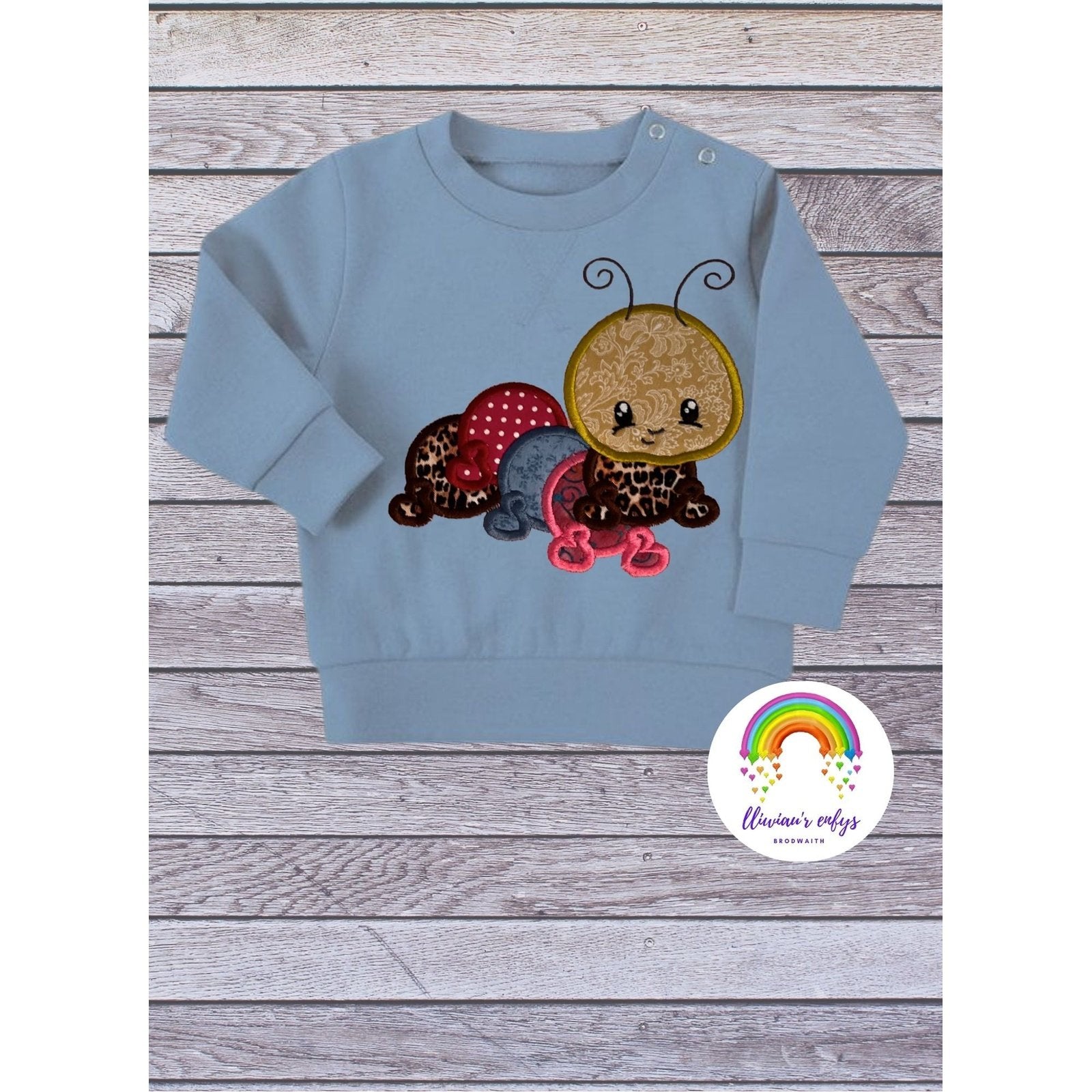 BRO-056 Embroidered caterpillar sweatshirt & appliqué Welsh fabric