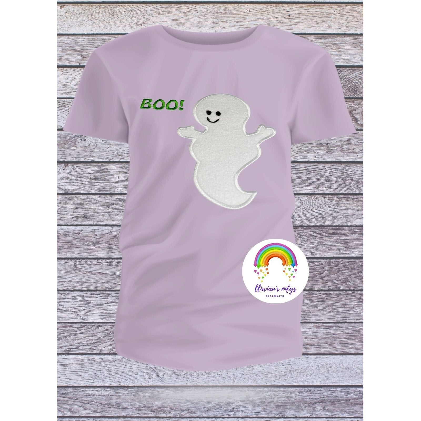 BRO-061 A ghost embroidered  t-shirt with the word "Boo!" on the front.