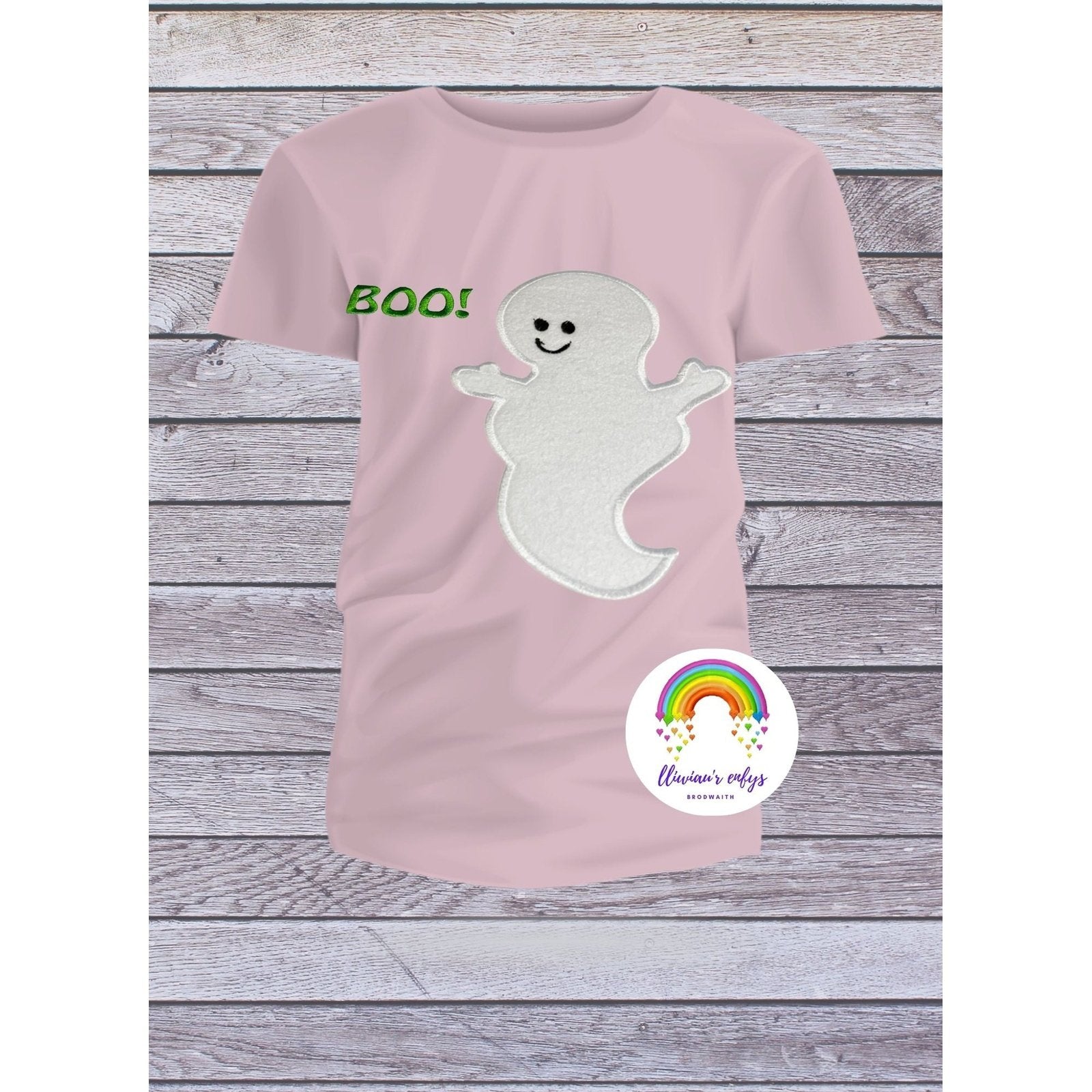 BRO-061 A ghost embroidered  t-shirt with the word "Boo!" on the front.