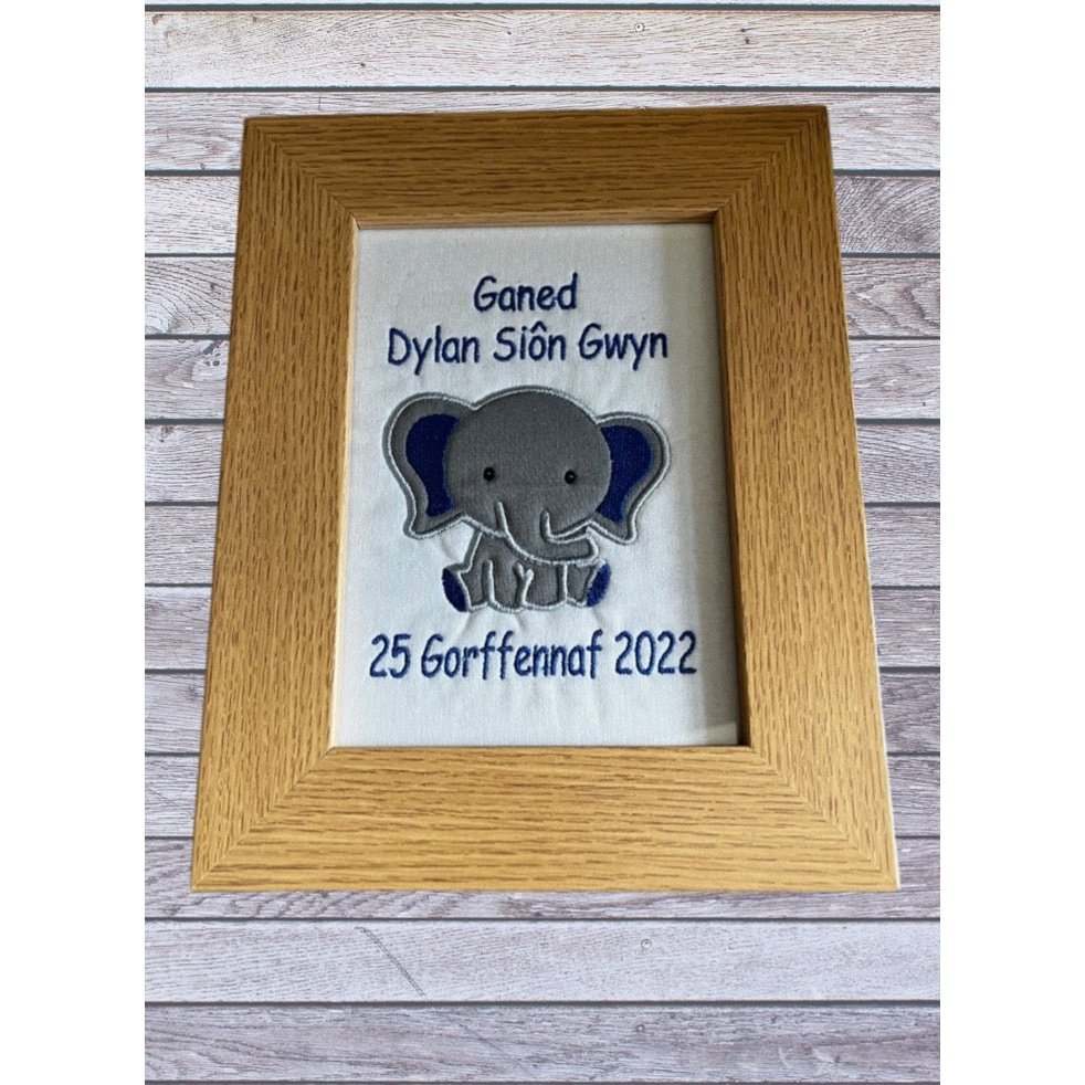personalised embroidered Welsh newborn gift in frame for baby boy