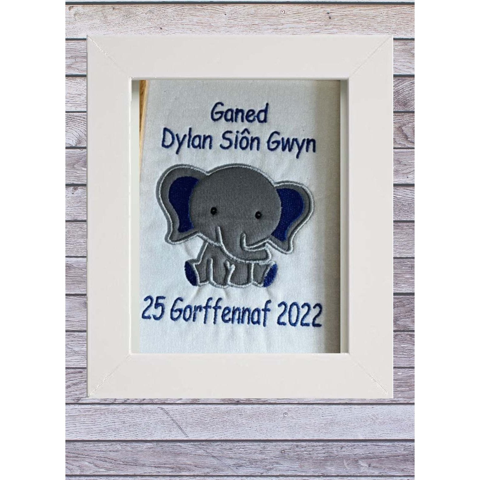 personalised embroidered Welsh newborn gift in frame for baby boy
