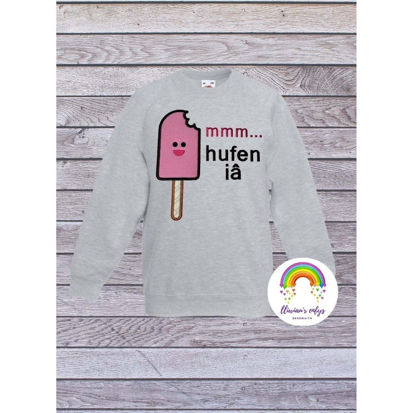 BRO-052 Embroidered sweatshirt with ice cream lolly & Welsh text "mmm hufen iâ" 3-11 years