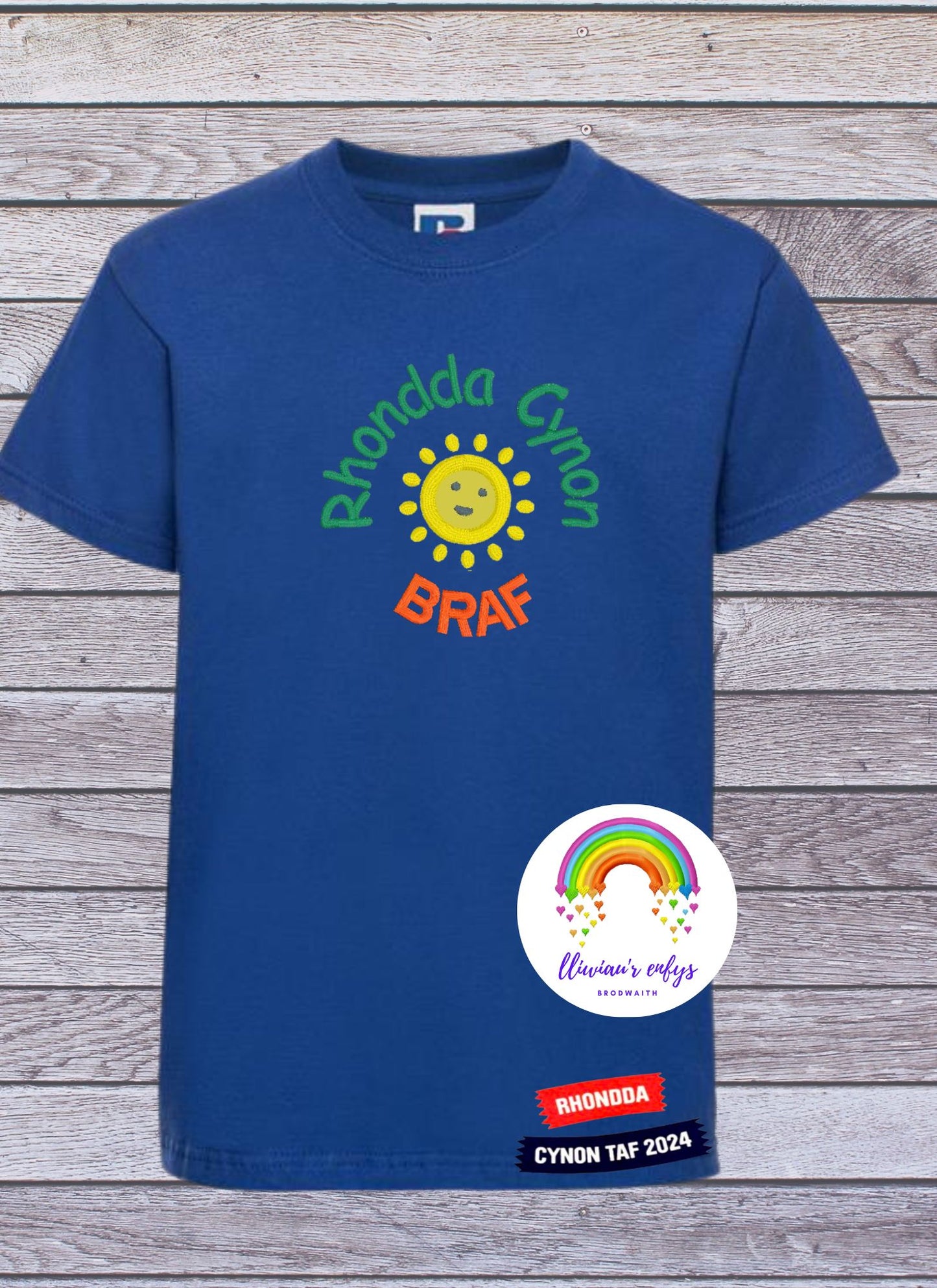 BRO-084 - kids yellow, mint, violet, sky blue & royal blue t-shirt with Welsh text "Rhondda Cynon Braf"