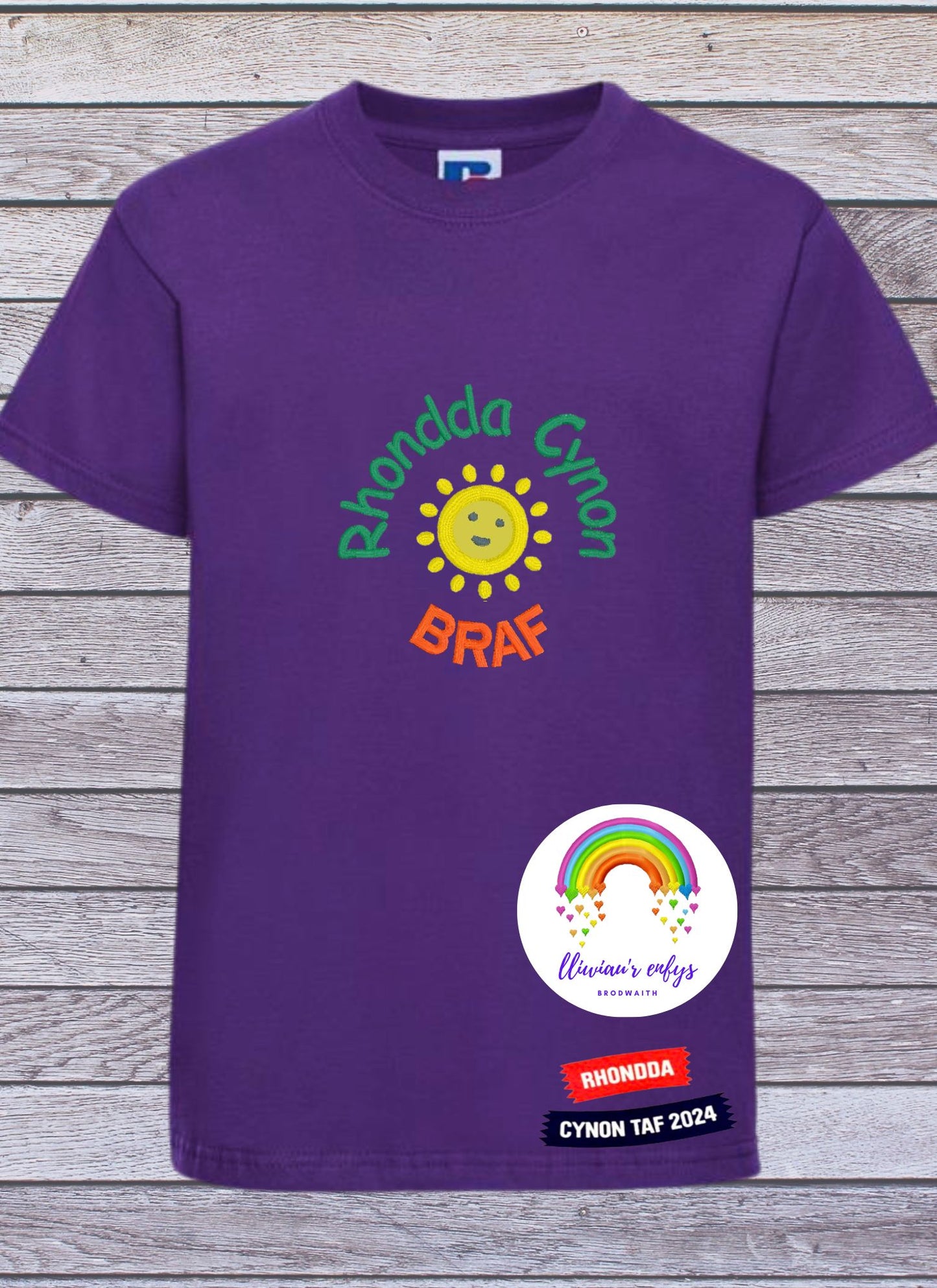 BRO-084 - kids yellow, mint, violet, sky blue & royal blue t-shirt with Welsh text "Rhondda Cynon Braf"