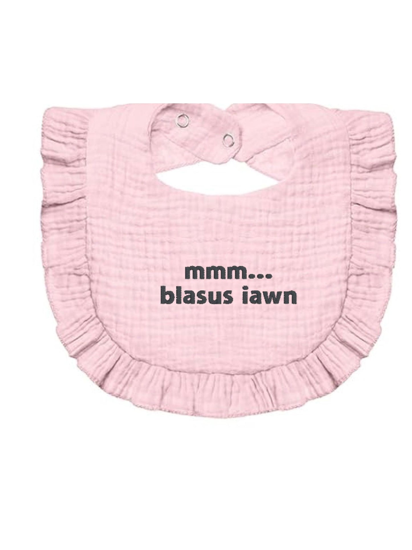 BRO-111 Baby or newborn gift an embroidered BABY BIB with the Welsh text "mmm... blasus"