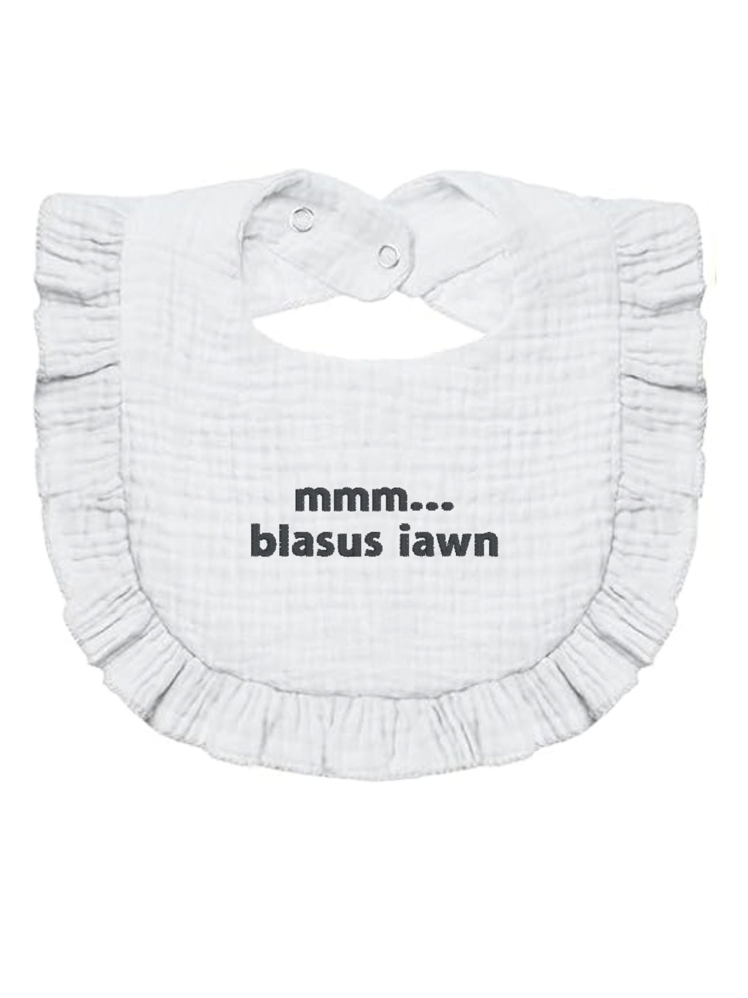 BRO-111 Baby or newborn gift an embroidered BABY BIB with the Welsh text "mmm... blasus"