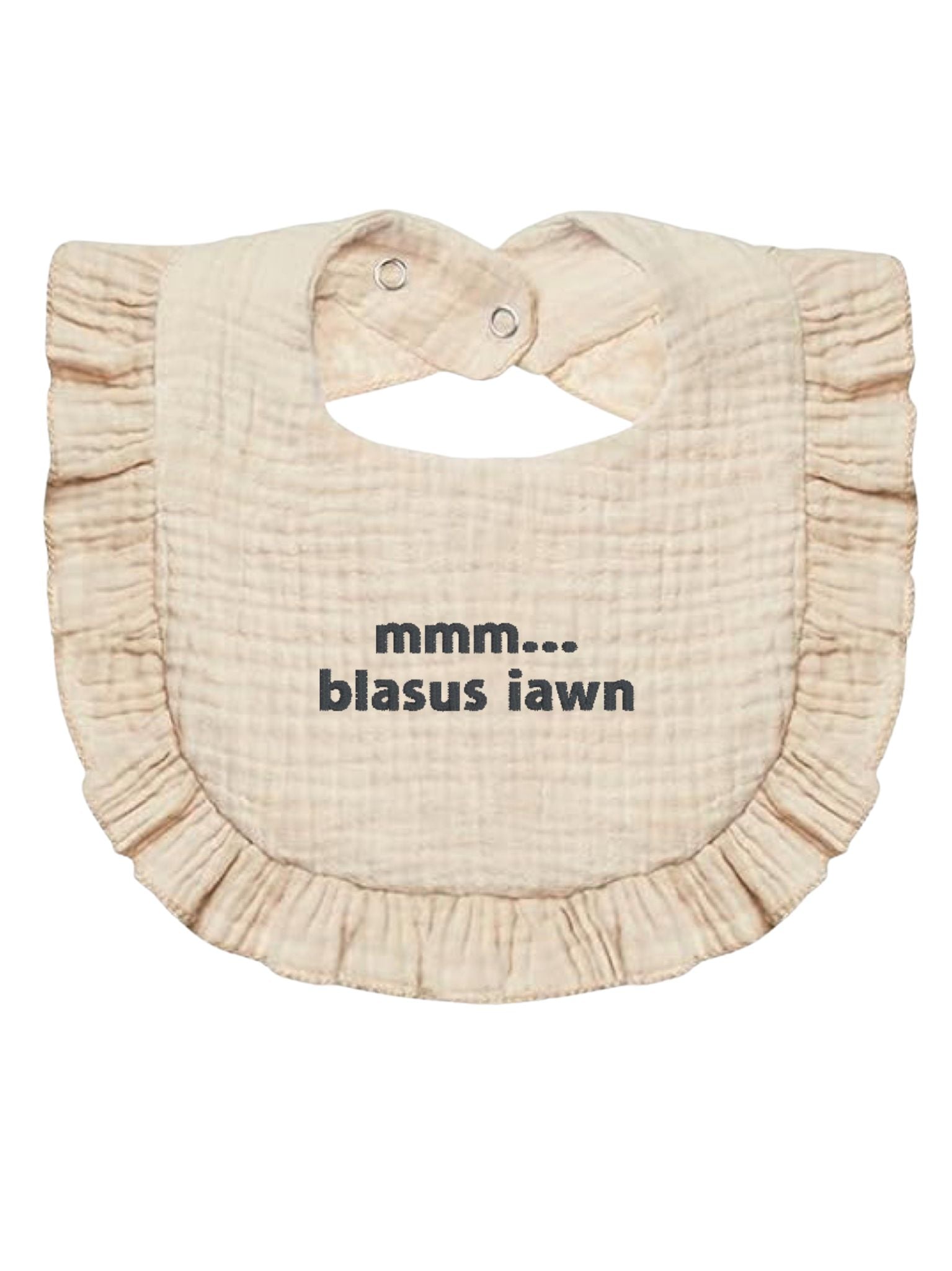 BRO-111 Baby or newborn gift an embroidered BABY BIB with the Welsh text "mmm... blasus"