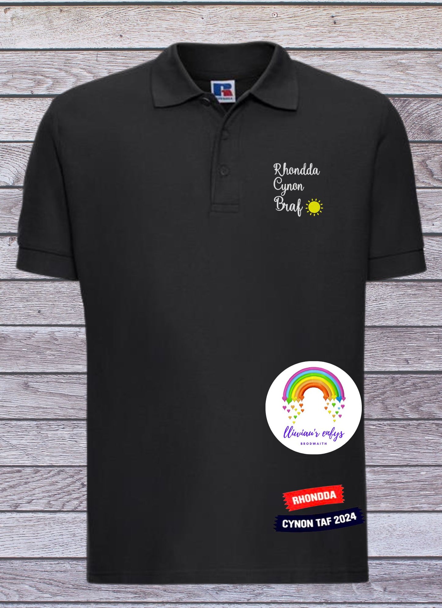 BRO-094- black, navy & white POLO SHIRTS with embroidered Welsh text "Rhondda Cynon Braf"