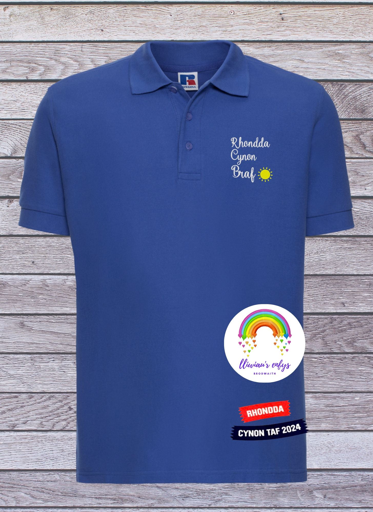 BRO-094- black, navy & white POLO SHIRTS with embroidered Welsh text "Rhondda Cynon Braf"