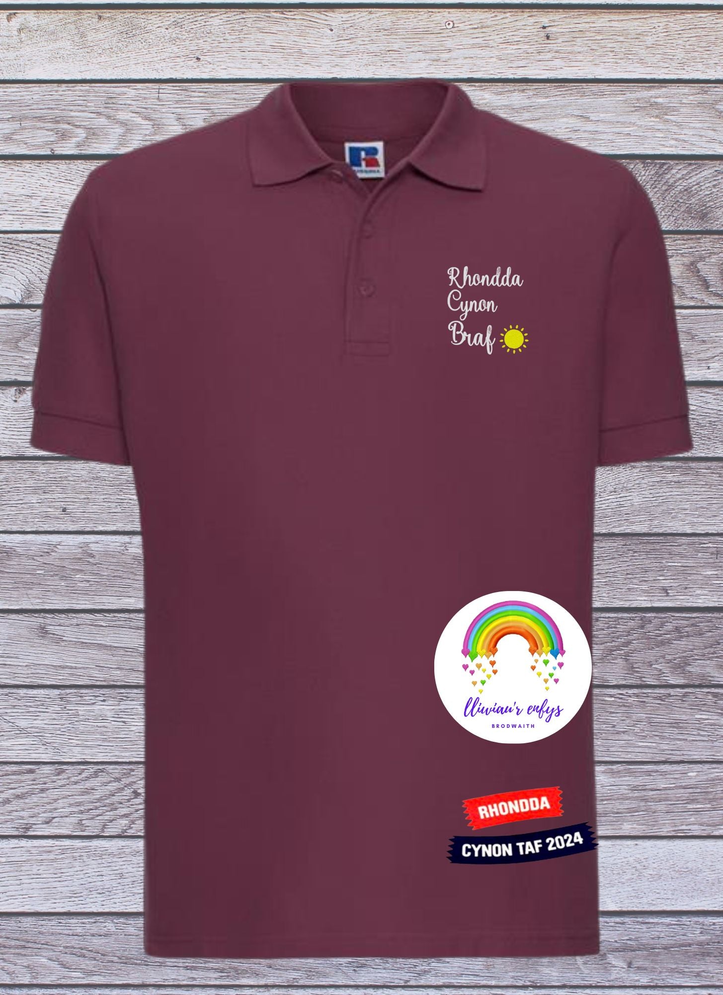 BRO-094- black, navy & white POLO SHIRTS with embroidered Welsh text "Rhondda Cynon Braf"