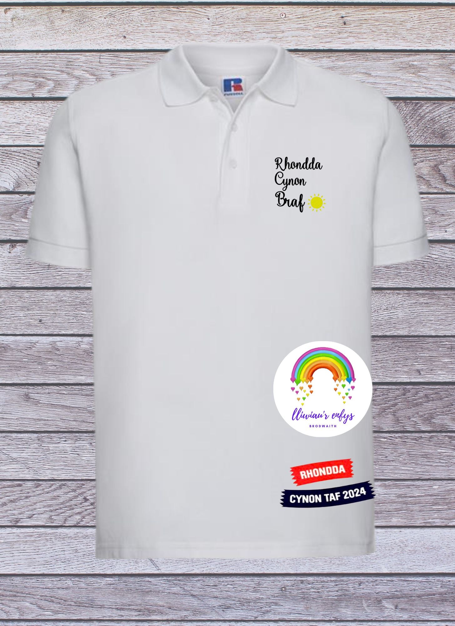 BRO-094- black, navy & white POLO SHIRTS with embroidered Welsh text "Rhondda Cynon Braf"