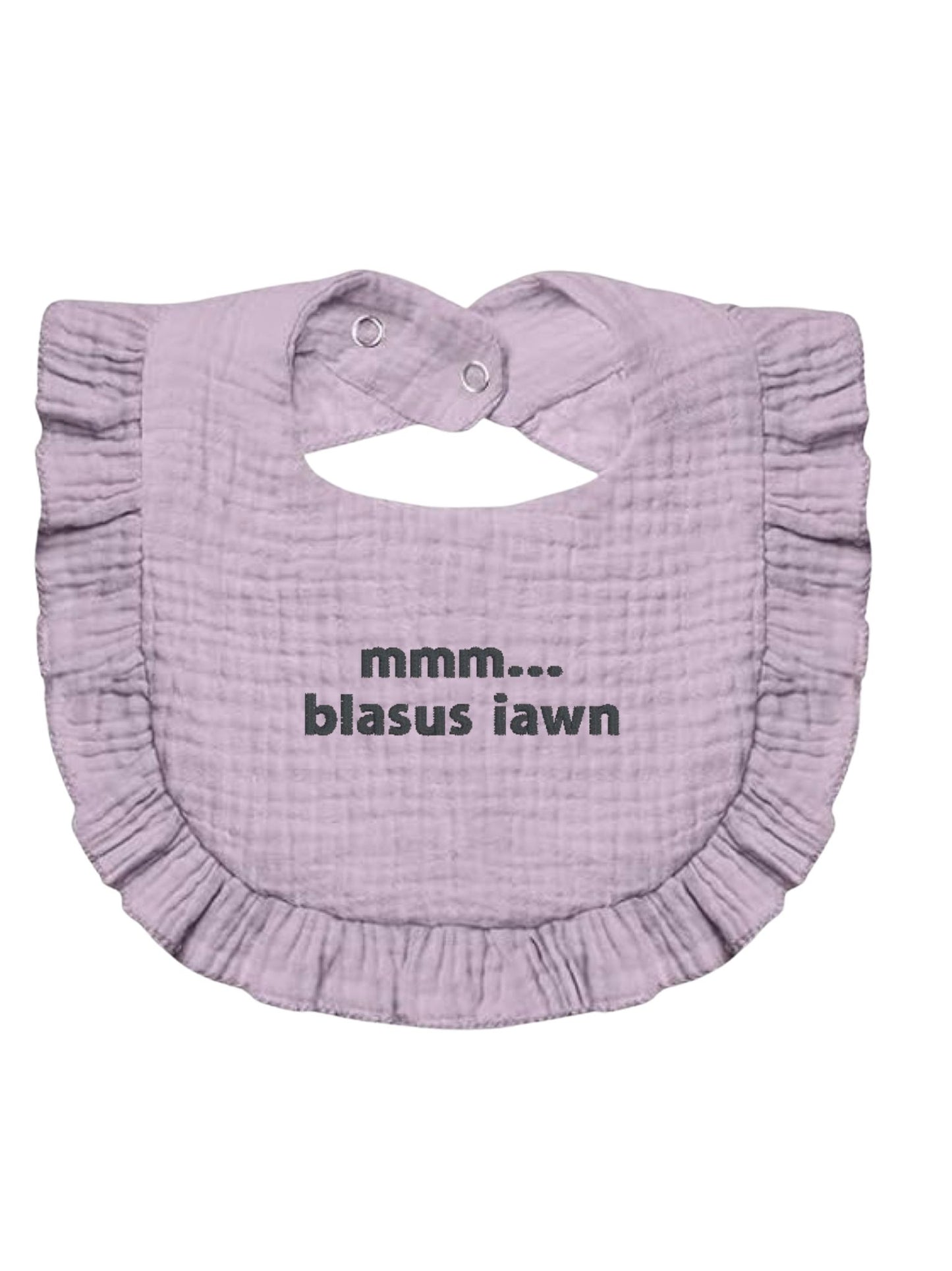 BRO-111 Baby or newborn gift an embroidered BABY BIB with the Welsh text "mmm... blasus"