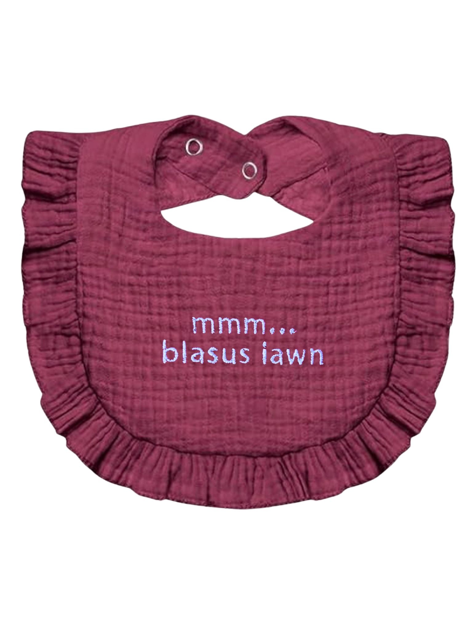 BRO-111 Baby or newborn gift an embroidered BABY BIB with the Welsh text "mmm... blasus"