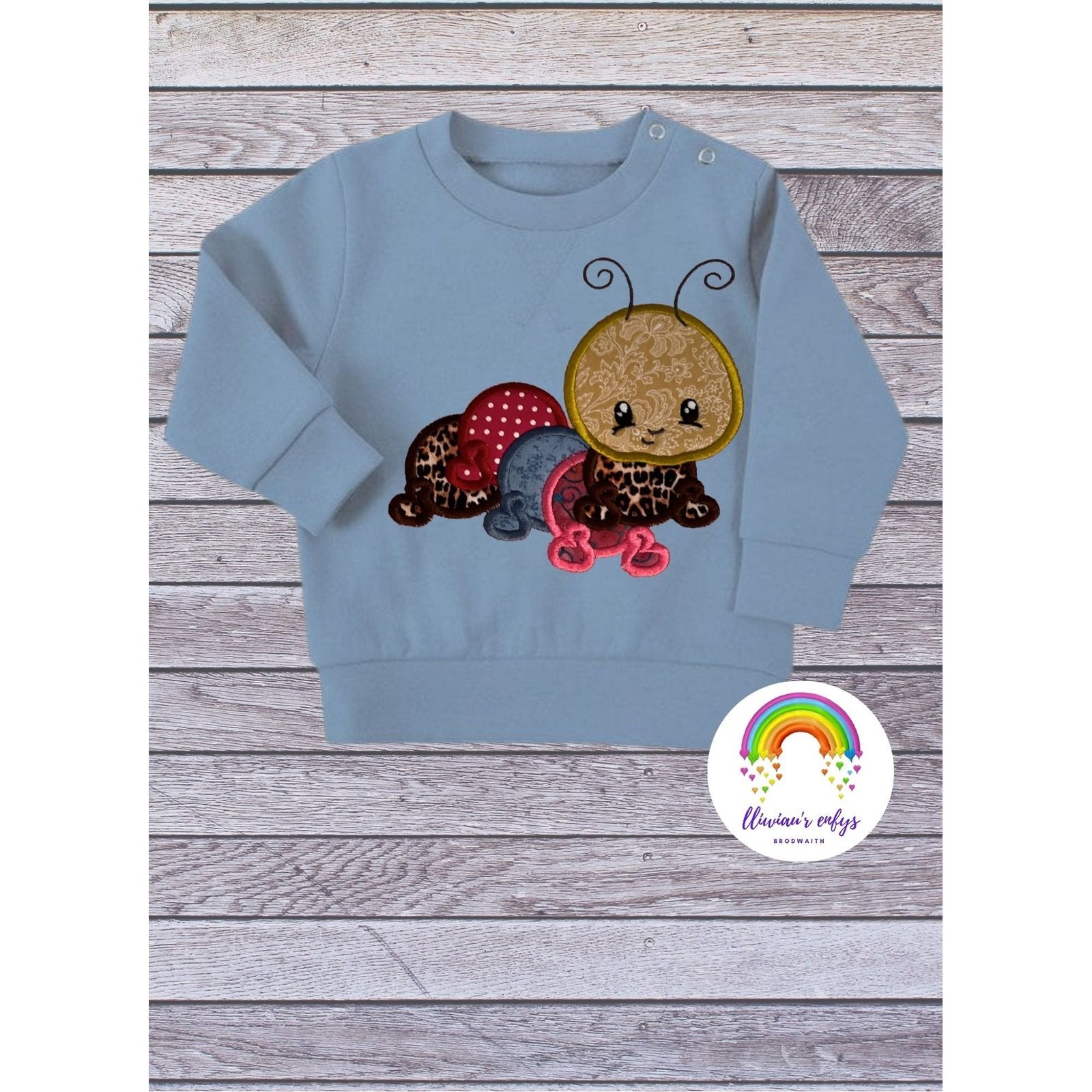 BRO-056 Embroidered caterpillar sweatshirt & appliqué Welsh fabric 