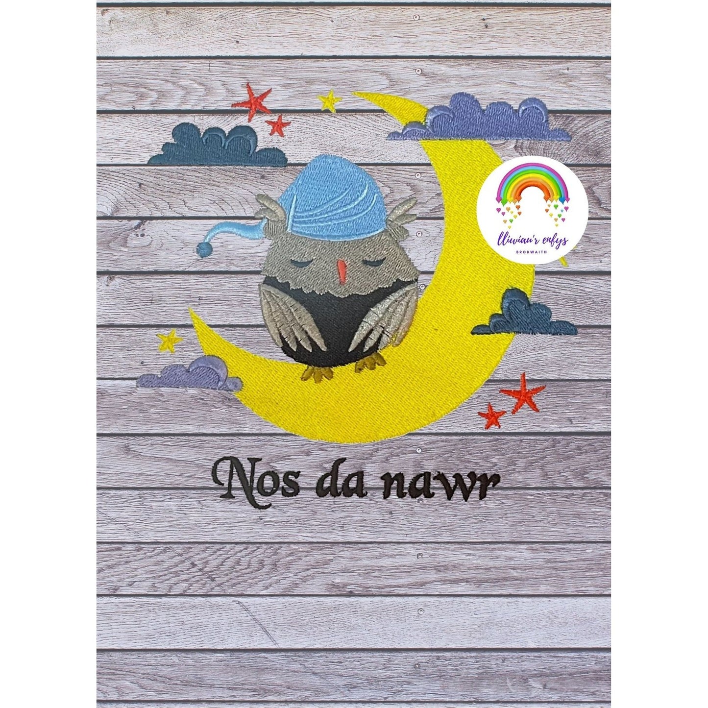 BRO-058 Long sleeved babygrow embroidered owl on moon with Welsh words "Nos da nawr"