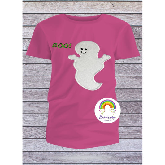 BRO-061 A ghost embroidered  t-shirt with the word "Boo!" on the front.