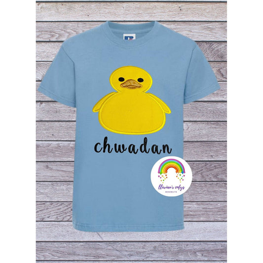 BRO-062 Embroidered & appliquéd t-shirt with duck and Welsh word "chwadan"