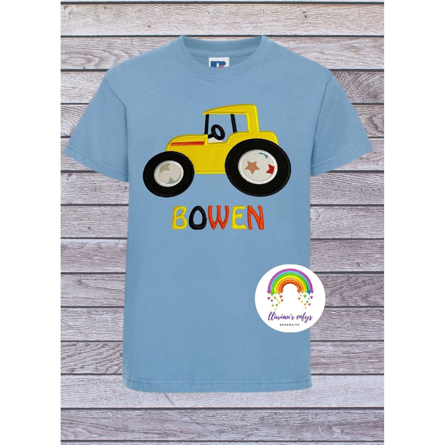 BRO-066 Personalised embroidered t-shirt + tractor applique and name of child 