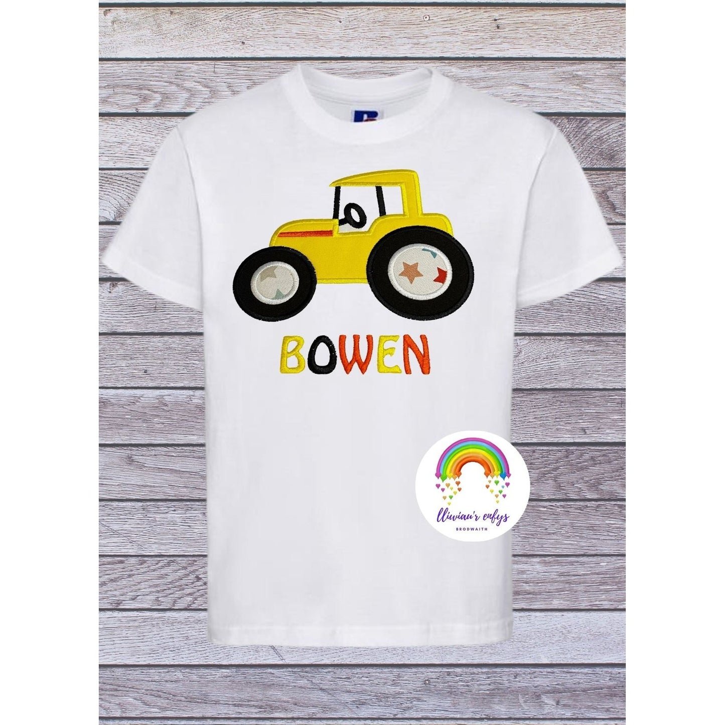 BRO-066 Personalised embroidered t-shirt + tractor applique and name of child 
