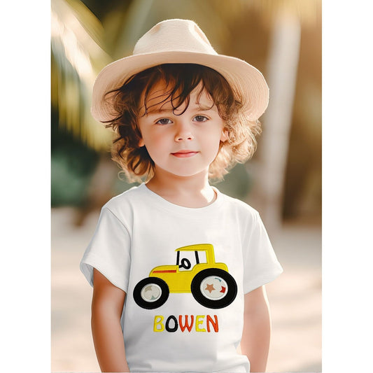 BRO-066 Personalised embroidered t-shirt + tractor applique and name of child 