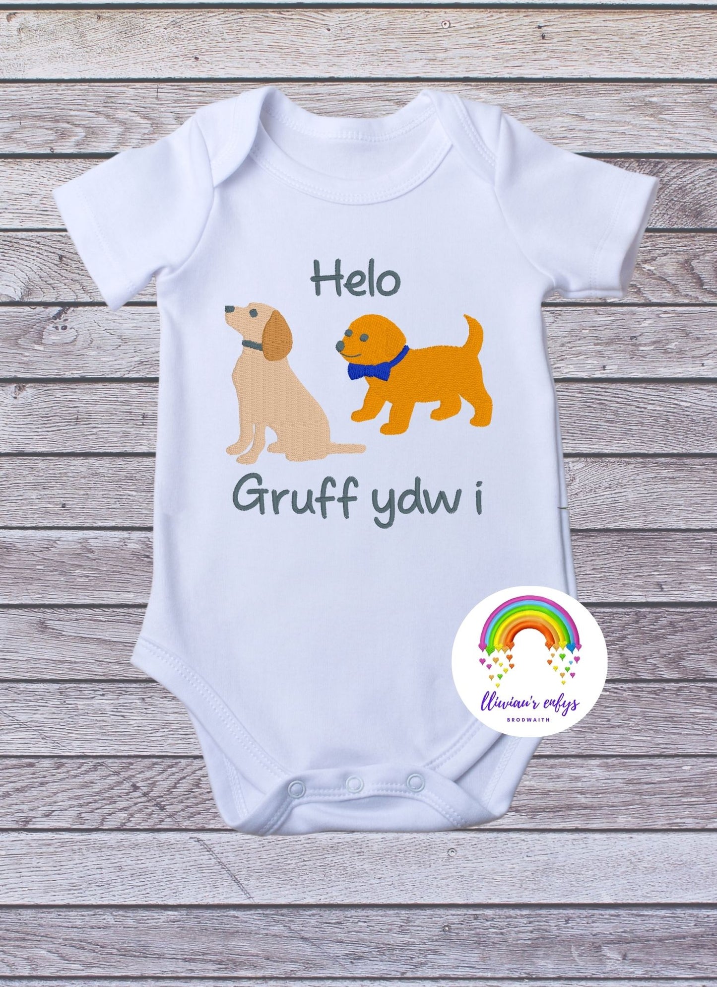 BRO-071 Personalised embroidered two little dogs with the Welsh text & name of baby on Babygrow