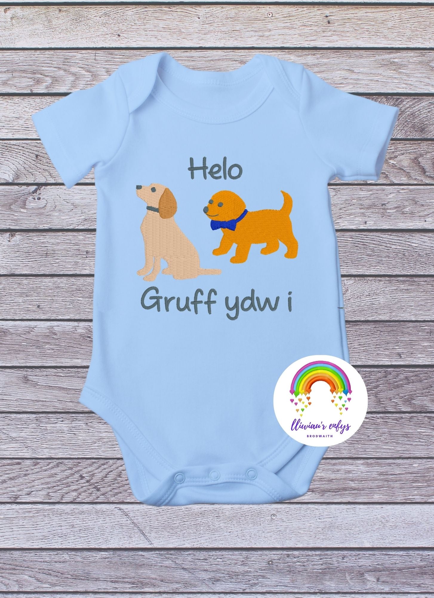 BRO-071 Personalised embroidered two little dogs with the Welsh text & name of baby on Babygrow