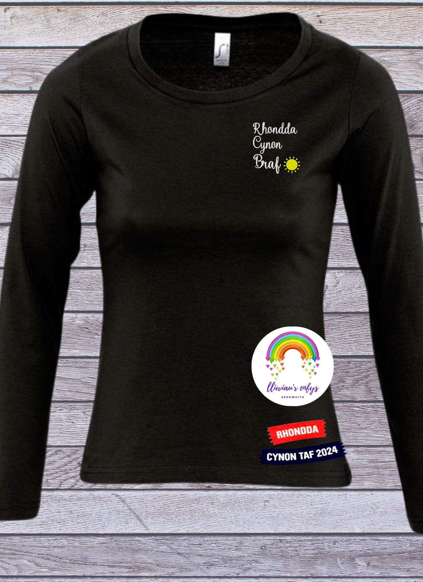 BRO-093 - LADIES black LONG SLEEVED t-shirt with embroidered Welsh text "Rhondda Cynon Braf"