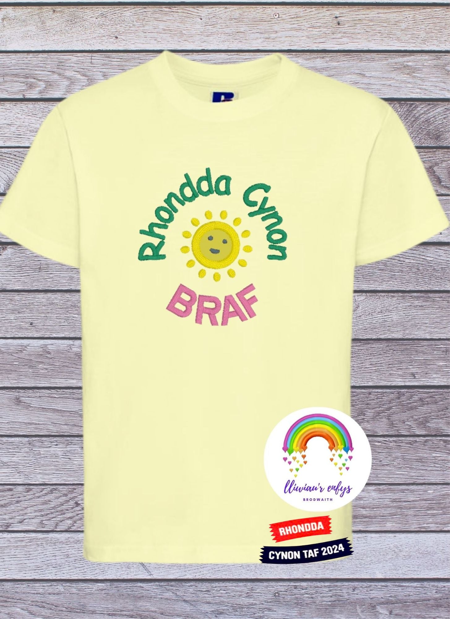 BRO-084 - kids yellow, mint, violet, sky blue & royal blue t-shirt with Welsh text "Rhondda Cynon Braf"