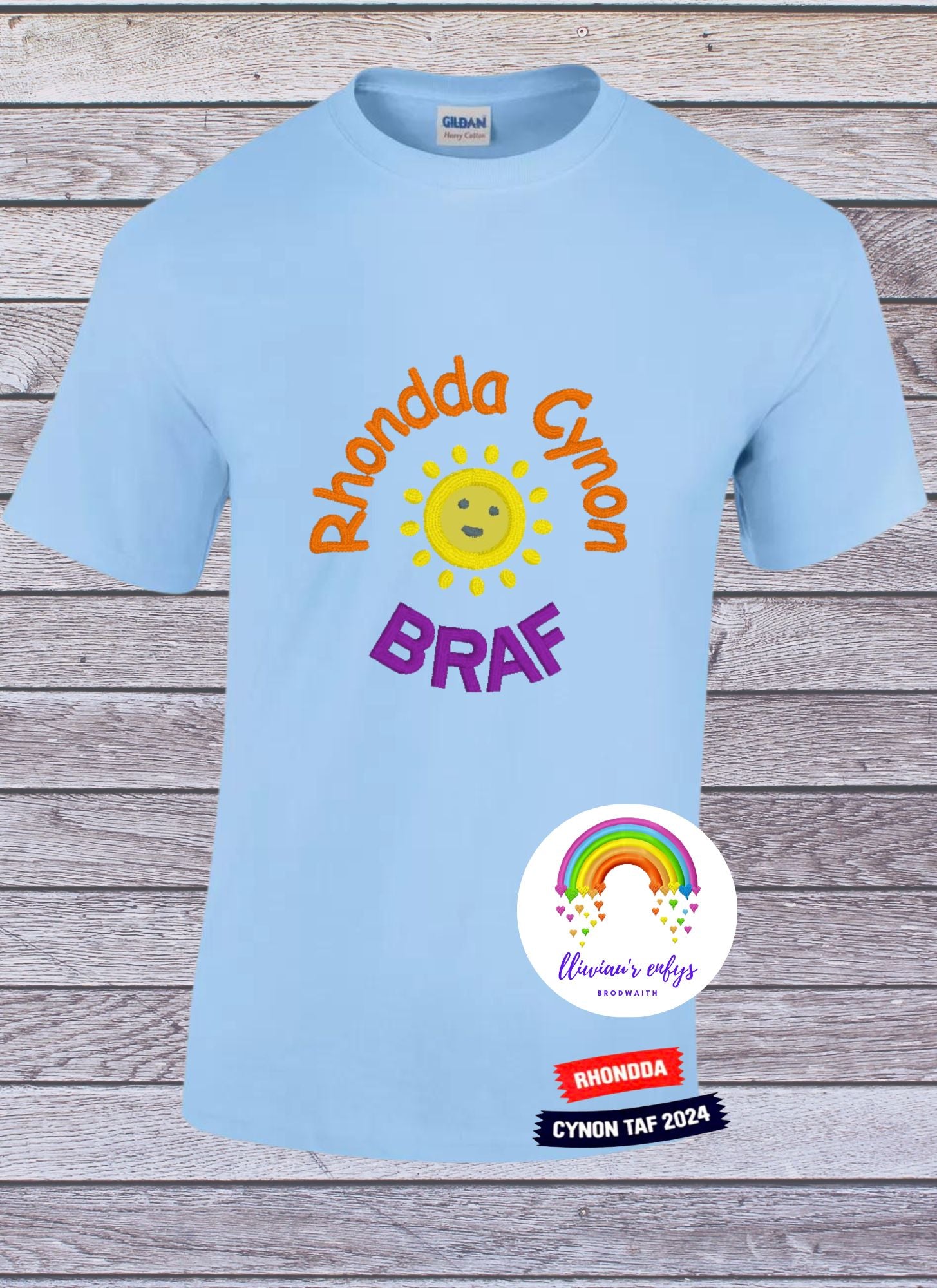 BRO-084 - kids yellow, mint, violet, sky blue & royal blue t-shirt with Welsh text "Rhondda Cynon Braf"