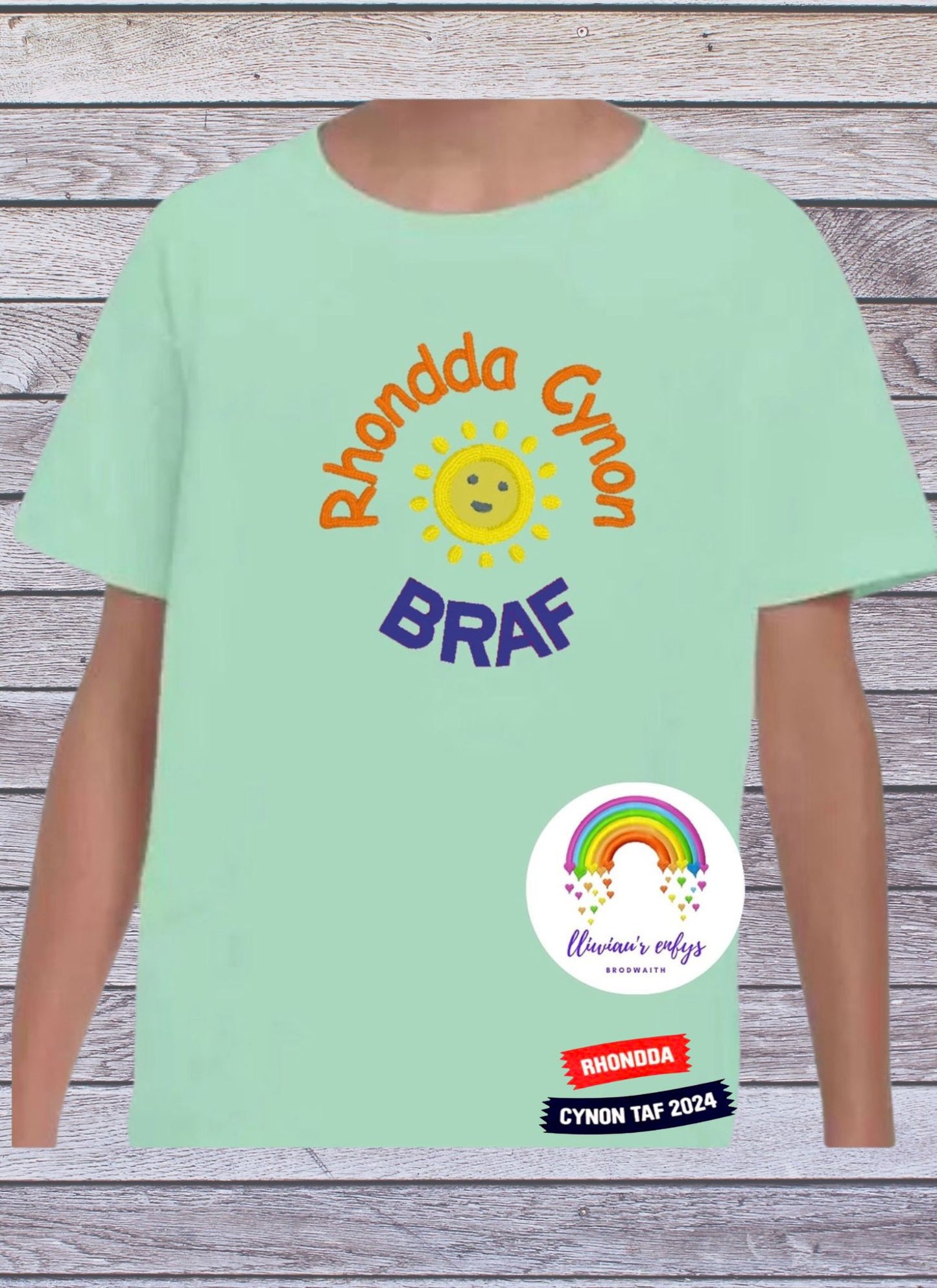 BRO-084 - kids yellow, mint, violet, sky blue & royal blue t-shirt with Welsh text "Rhondda Cynon Braf"