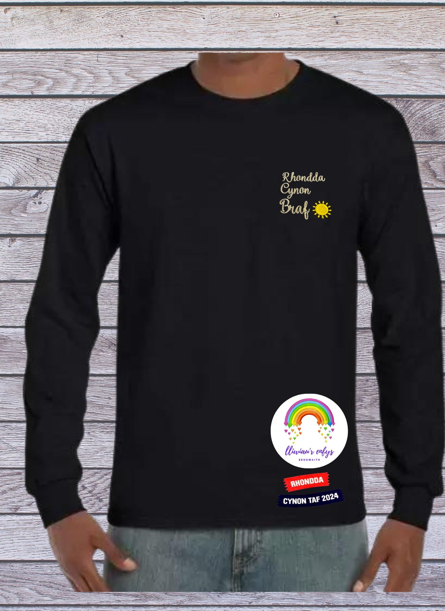 BRO-088 -MEN's black LONG SLEEVED t-shirt with embroidered Welsh text "Rhondda Cynon Braf"