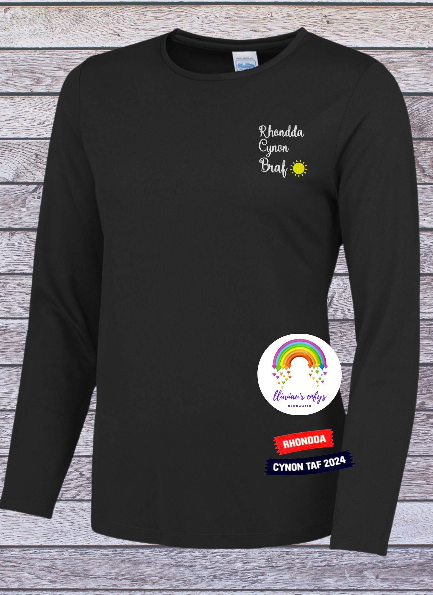 BRO-095- LADIES JET BLACK LONG SLEEVED SILKY t-shirt with embroidered Welsh text "Rhondda Cynon Braf"