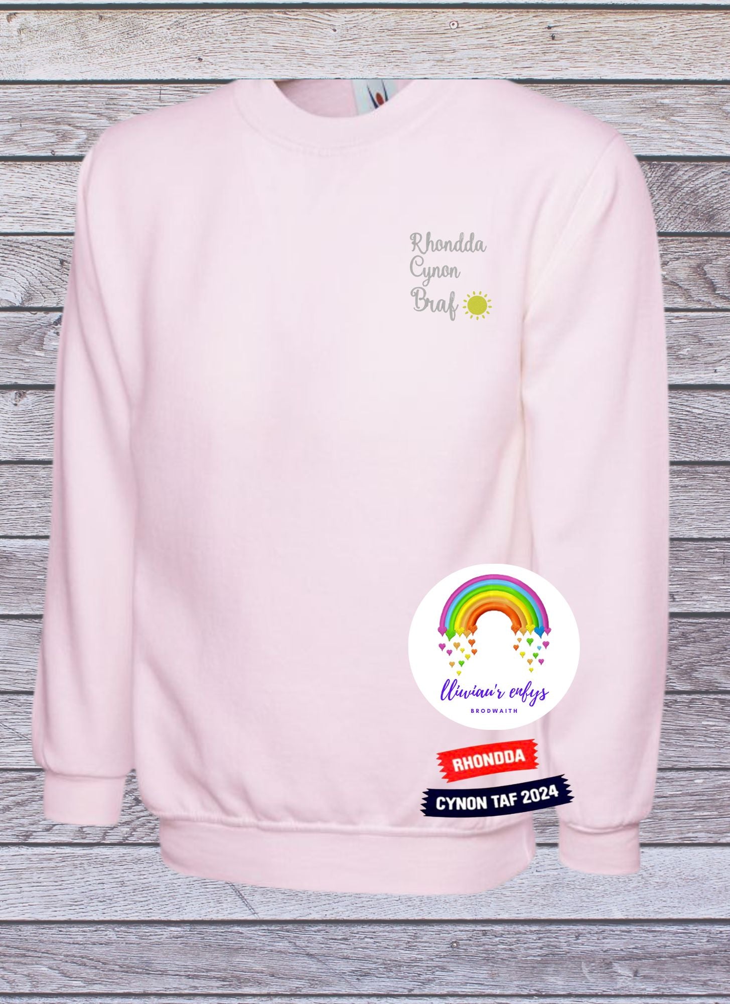 BRO-097-PINK SWEATSHIRT with embroidered Welsh text "Rhondda Cynon Braf"