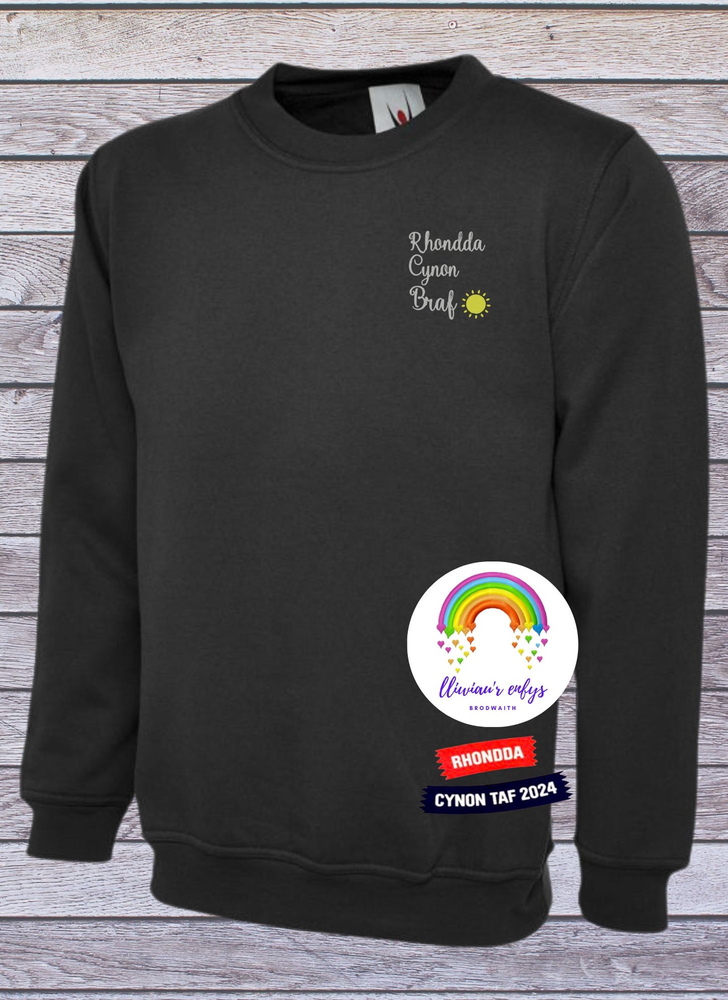 BRO-097-PINK SWEATSHIRT with embroidered Welsh text "Rhondda Cynon Braf"