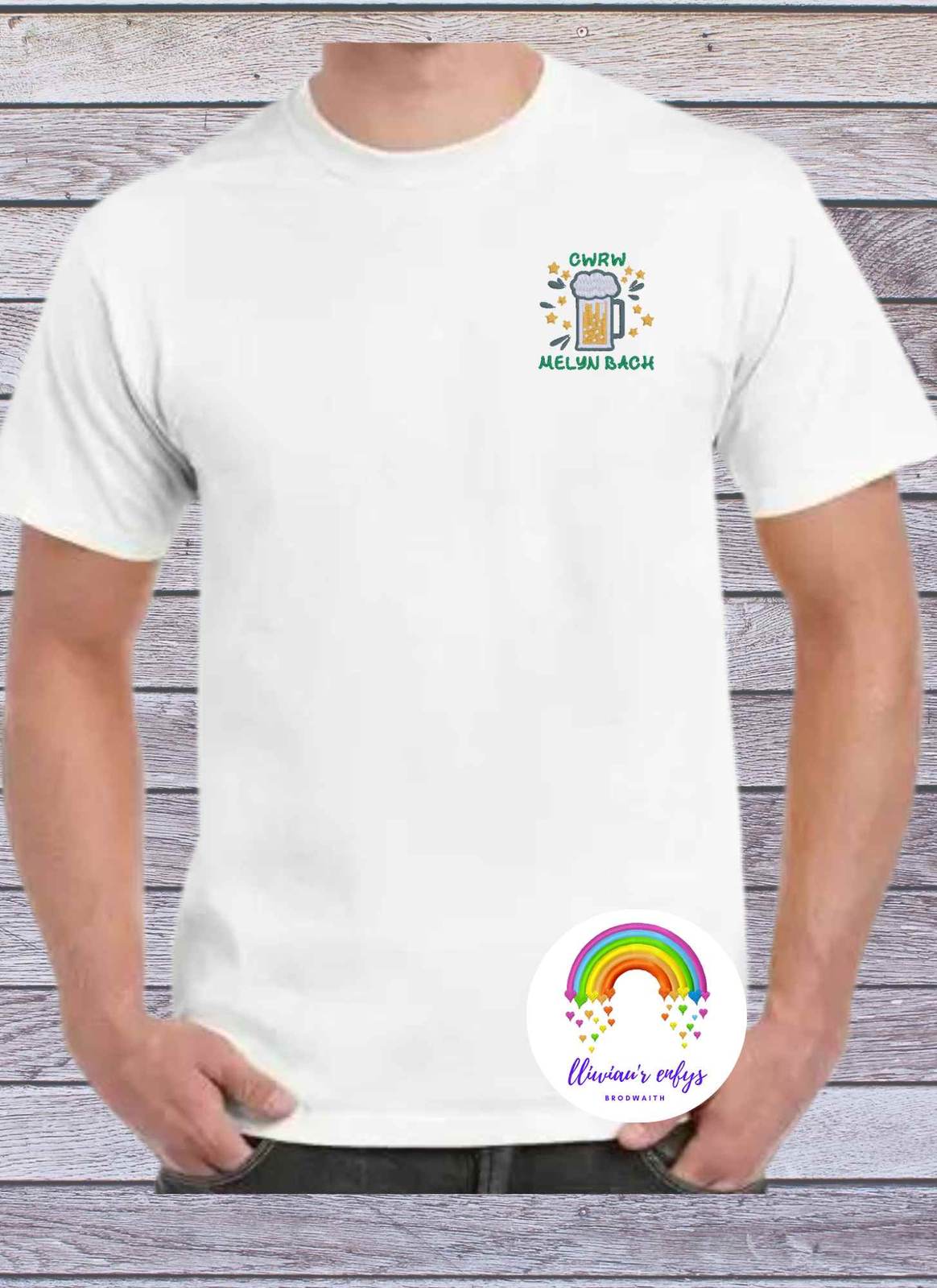 BRO-108-MEN's t-shirt in WHITE with embroidered Welsh text "cwrw melyn bach"