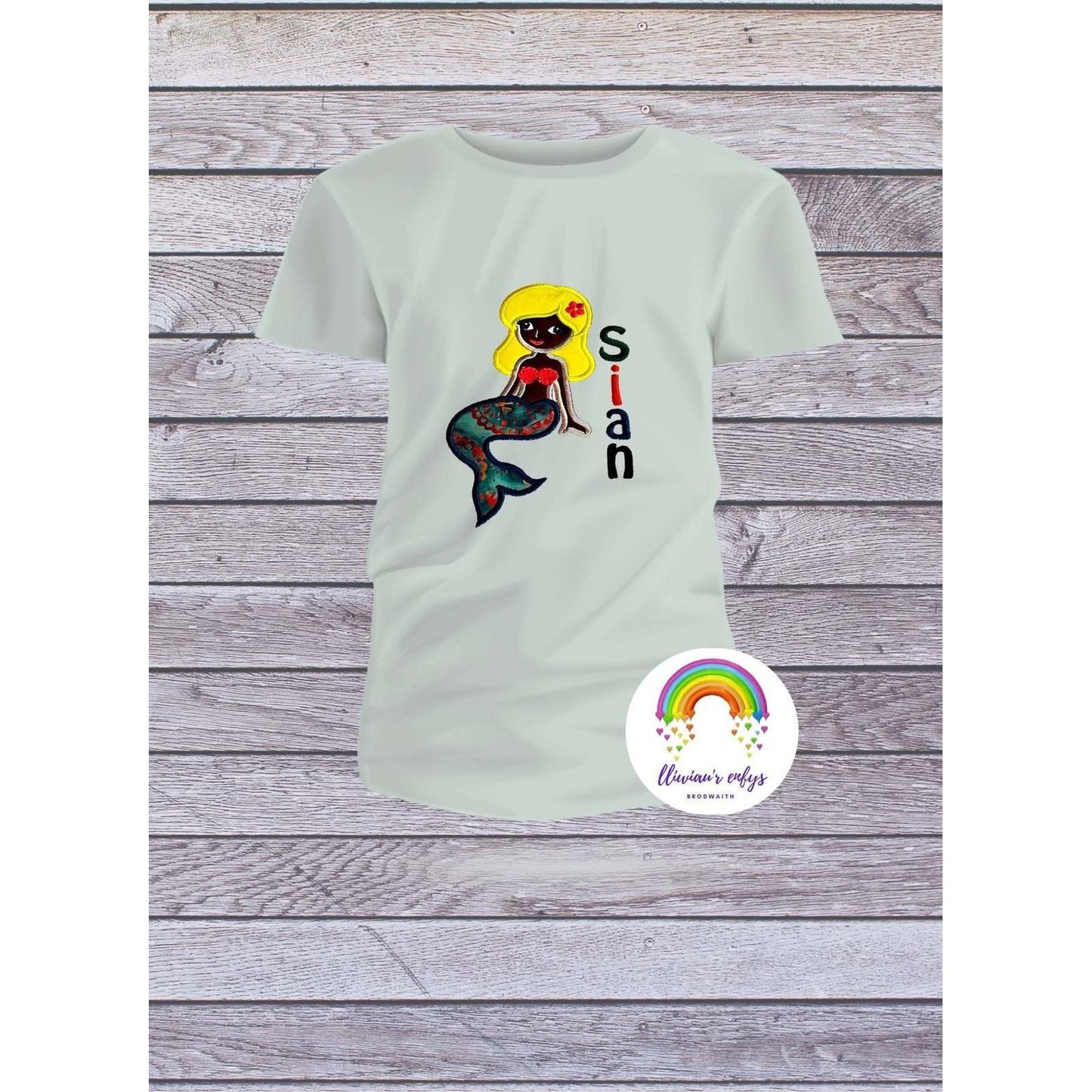 BRO-046 Personalised name on embroidered t-shirt with mermaid, 3-5yrs 