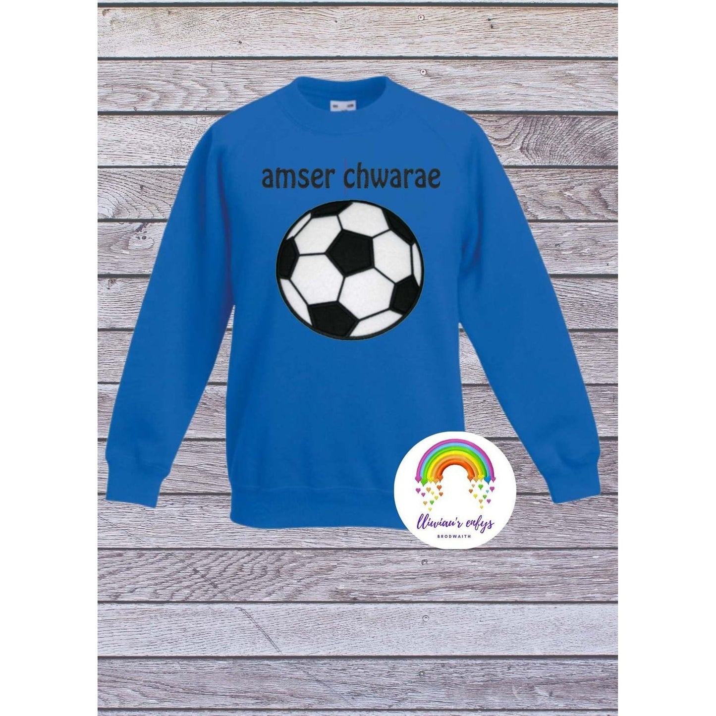 BRO-053 Embroidered football sweatshirt with Welsh text "amser chwarae"