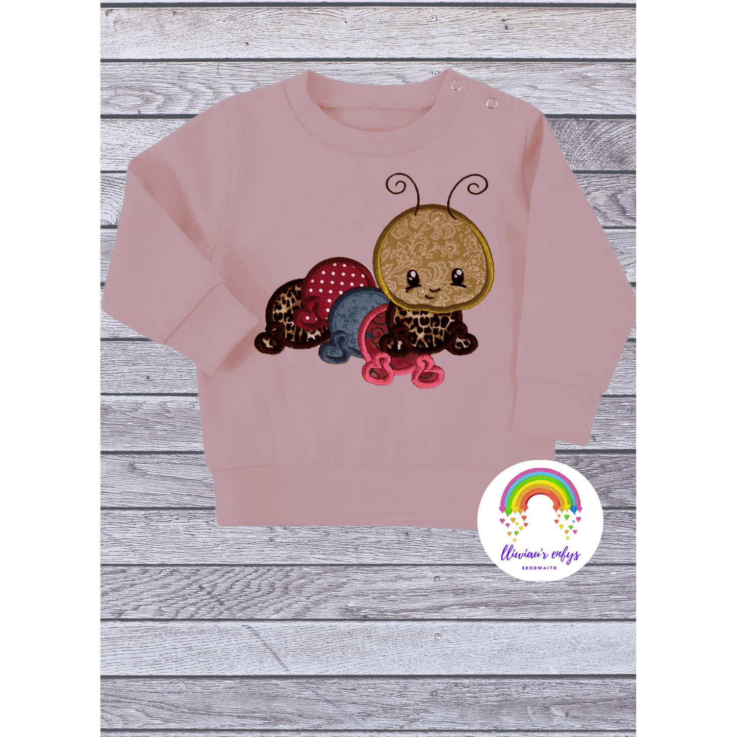 BRO-056 Embroidered caterpillar sweatshirt & appliqué Welsh fabric