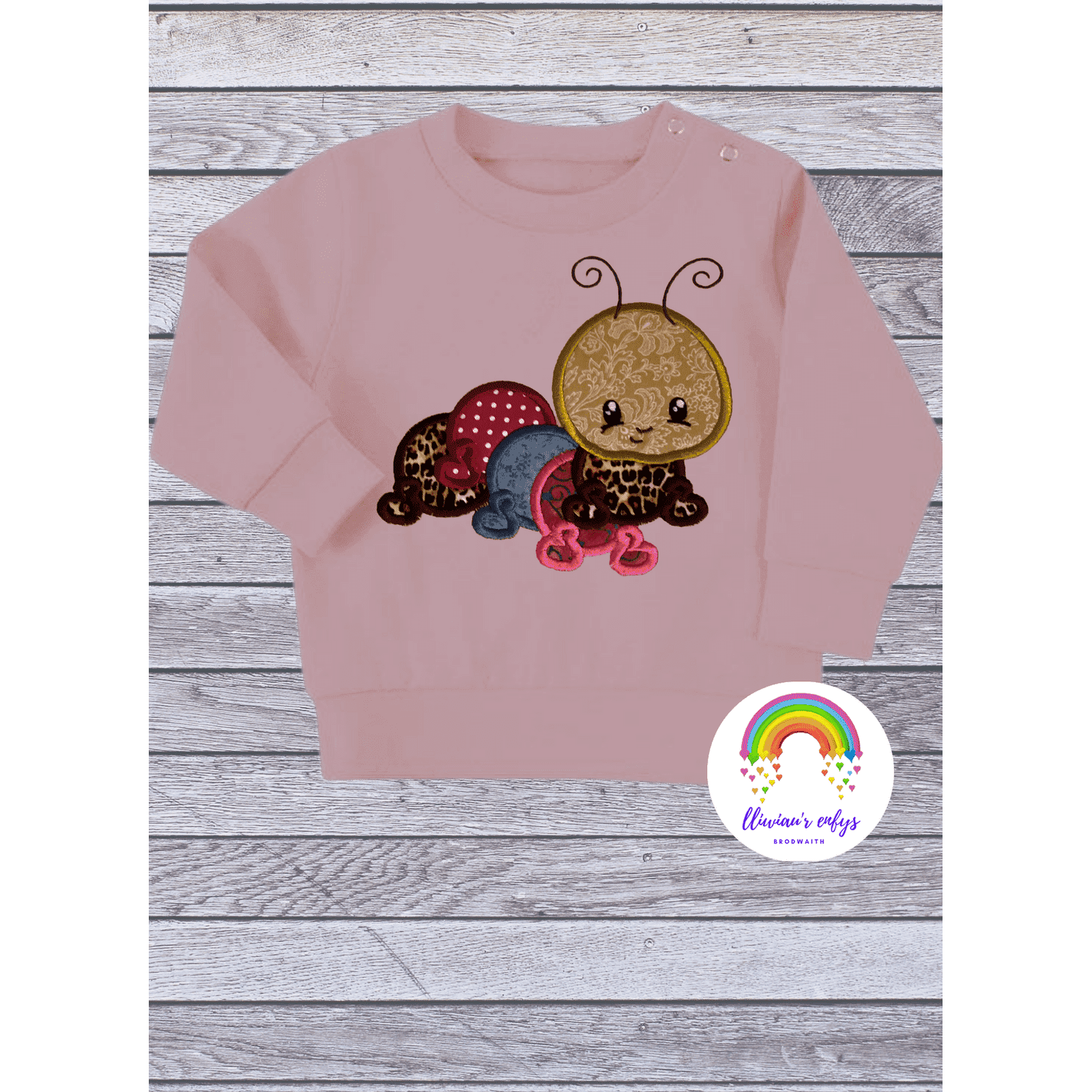 BRO-056 Embroidered caterpillar sweatshirt & appliqué Welsh fabric