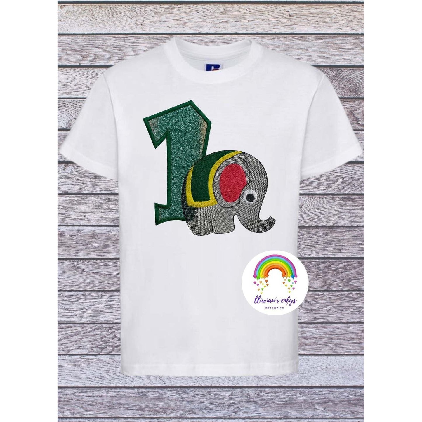 BRO-059 Embroidered t-shirt for 1st birthday with elephant and No 1 in glitter.