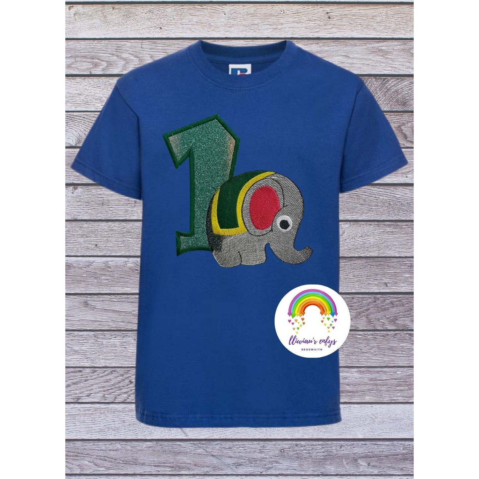 BRO-059 Embroidered t-shirt for 1st birthday with elephant and No 1 in glitter. 