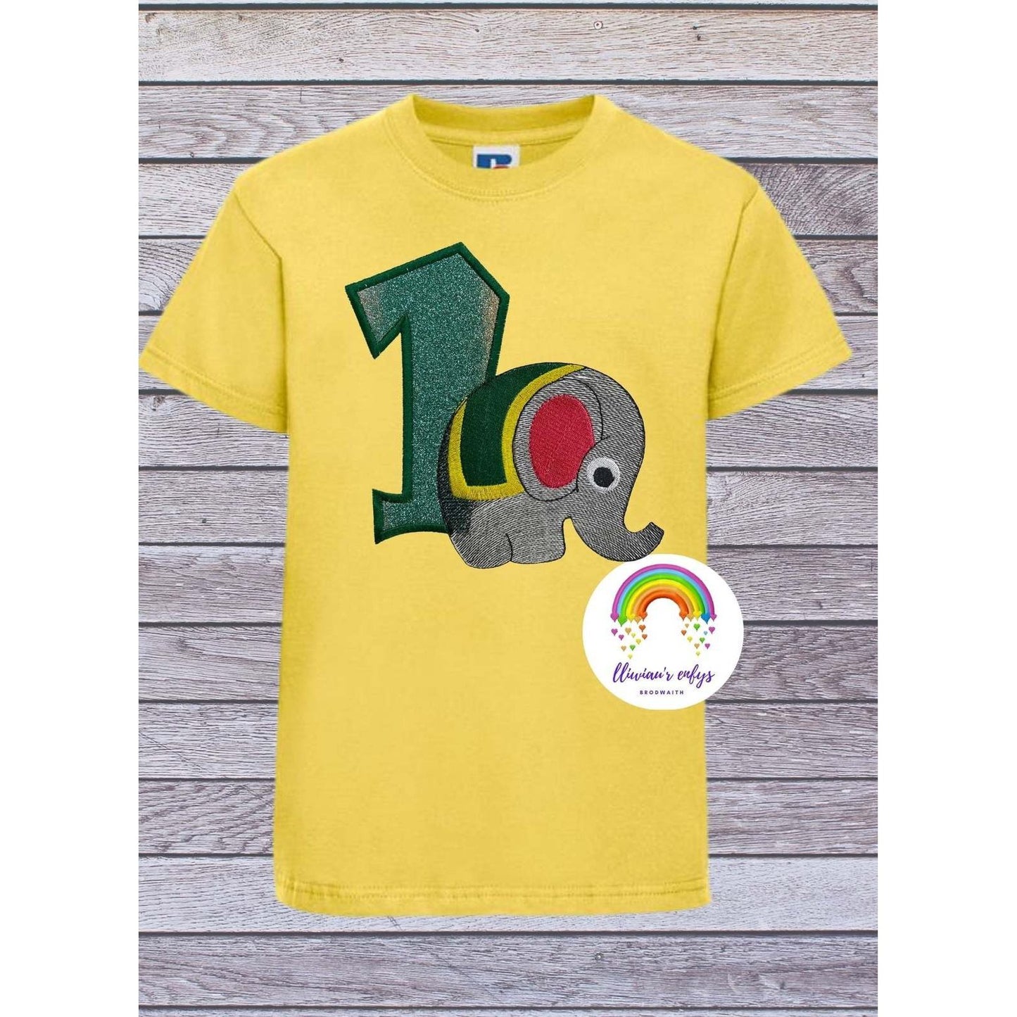 BRO-059 Embroidered t-shirt for 1st birthday with elephant and No 1 in glitter. 