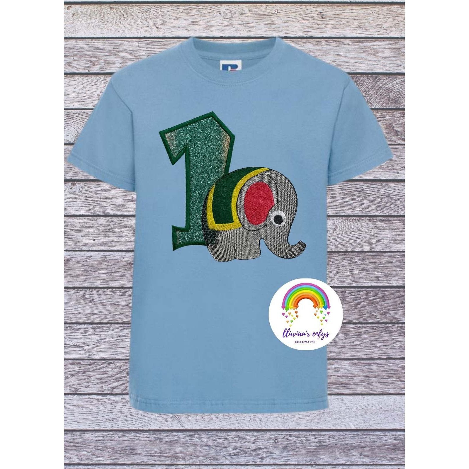 BRO-059 Embroidered t-shirt for 1st birthday with elephant and No 1 in glitter. 