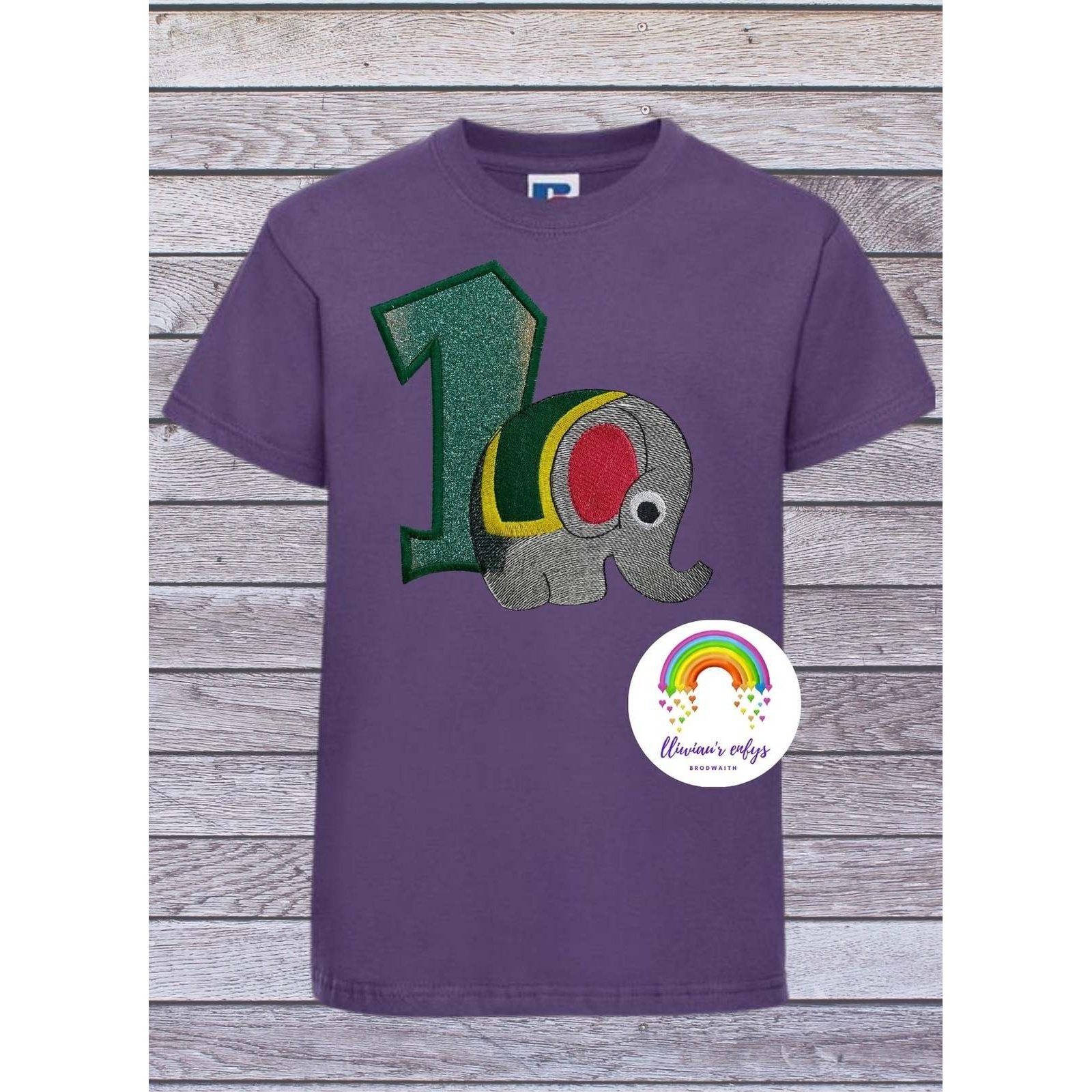 BRO-059 Embroidered t-shirt for 1st birthday with elephant and No 1 in glitter.