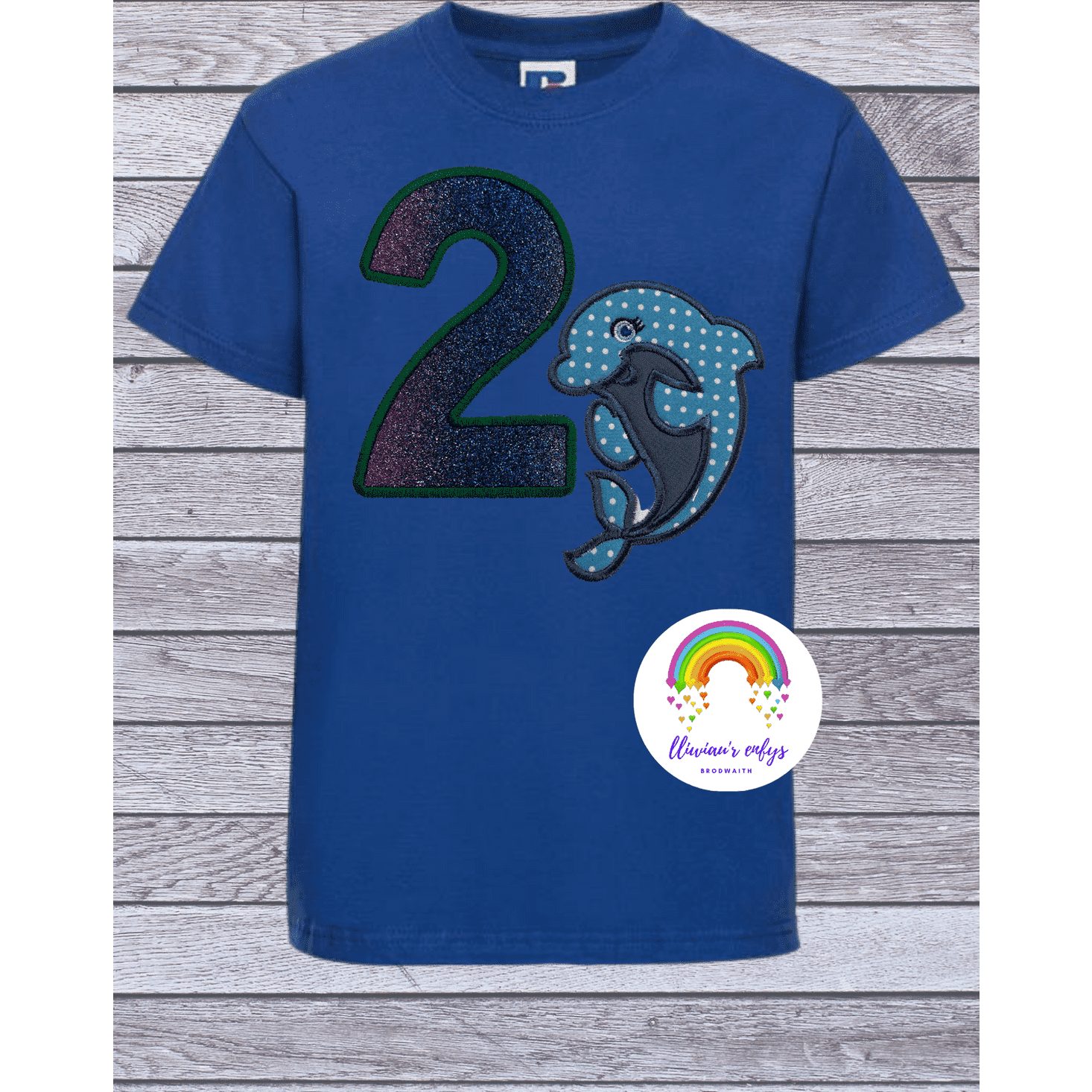 BRO-060 Embroidered t-shirt for 2nd birthday with dolphin & no.2 in glitter.