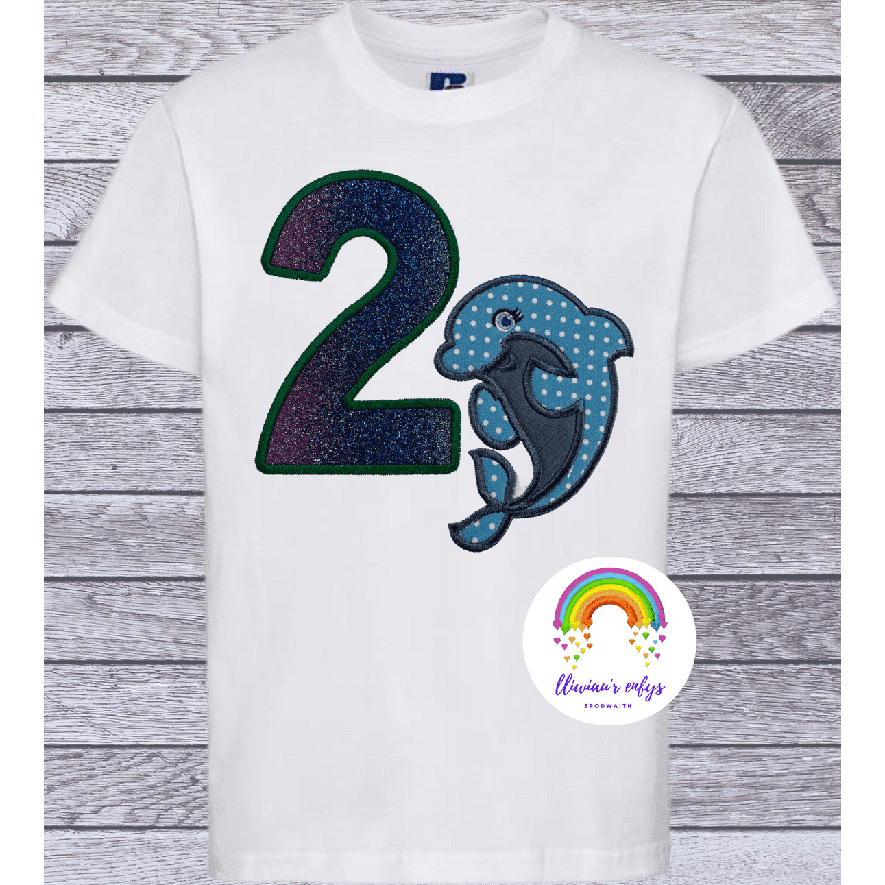 BRO-060 Embroidered t-shirt for 2nd birthday with dolphin & no.2 in glitter. 